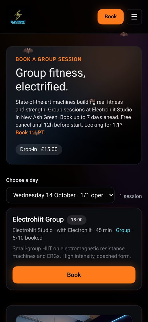 Electrohiit booking site on a phone